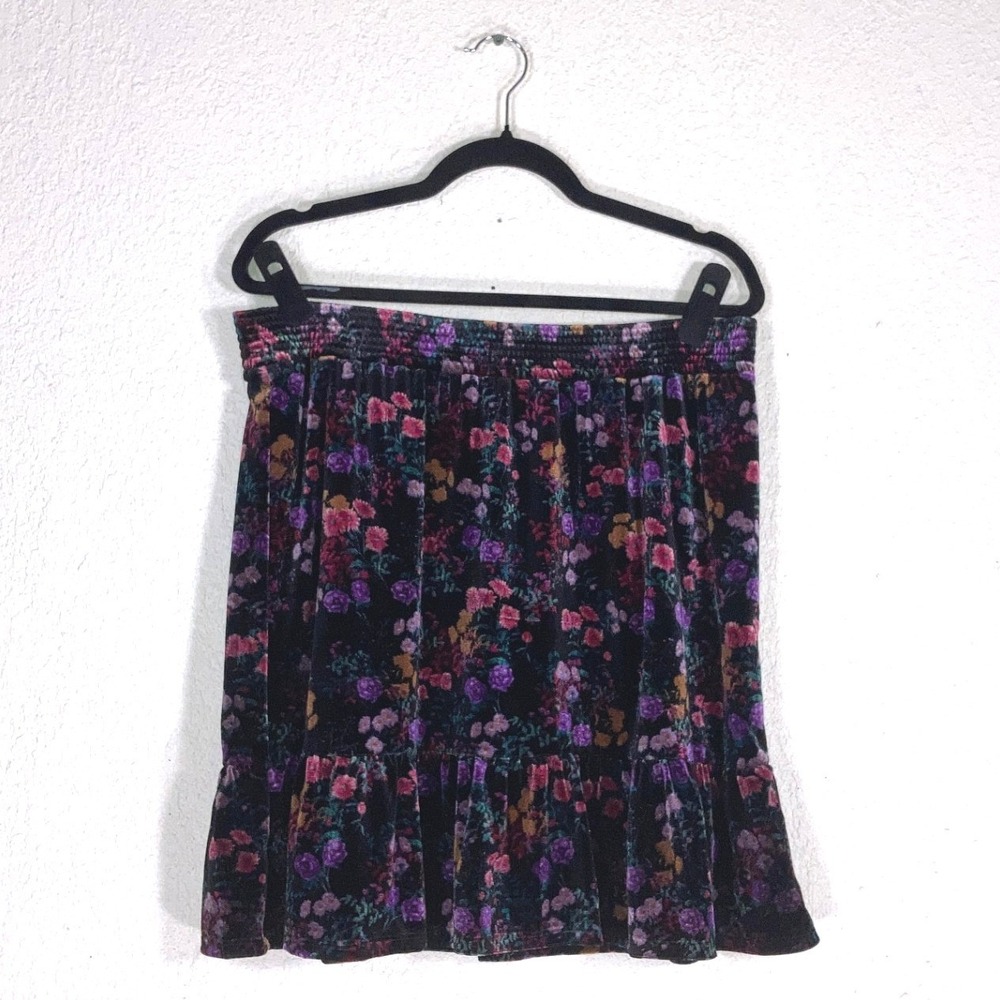Loft Velvet Floral Mini Skirt Black Purple Pink Smocked Waist Ruffle Hem Large